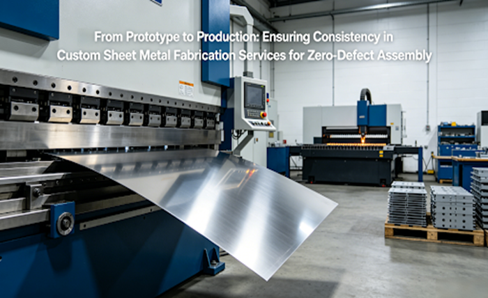 A hyper-realistic photo of a precision CNC press brake bending a stainless steel sheet in a modern sheet metal fabrication workshop, with the article title overlaid.